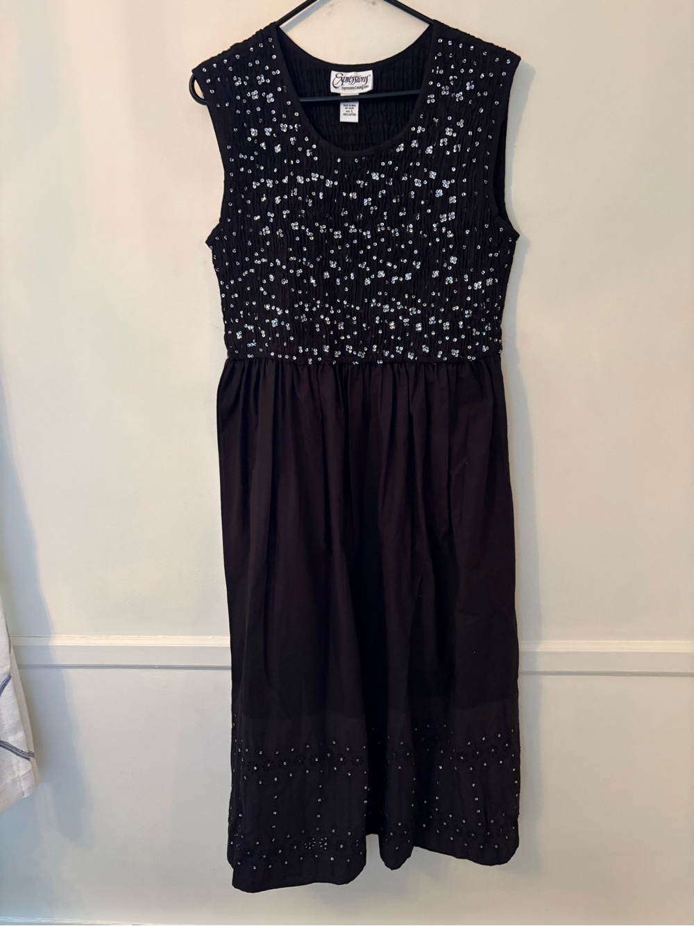 Expressions Women’s Black Cotton Maxi Dress w Sequined Bodice and Hemline Sz L